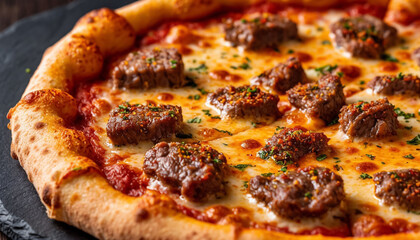 Meat pizza close up on black background