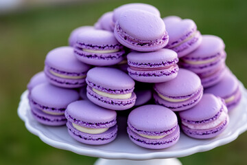 Obraz premium Elegant dessert platter features purple macarons at outdoor event