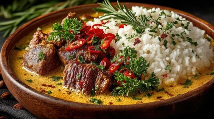 Mali dish Tigadegena Peanut butter-based stew with meat and vegetables thick brown and nutty served over rice