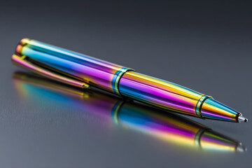 Reflective rainbow-colored ballpoint pen on a dark surface
