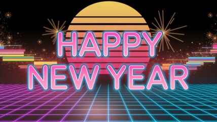 Naklejka premium Retro Happy New Year illustration in 80s style with neon grid and sun for party invitation, poster, banner, greeting card. Space for text.