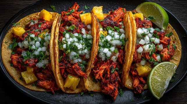 Mexico dish Tacos al Pastor Marinated pork on vertical spit served in corn tortillas with pineapple vibrant red-orange meat