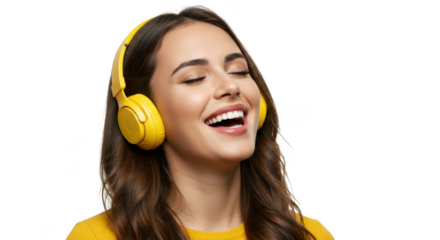 Woman in red shirt enjoying music with yellow headphones transparent background