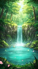 Lush forest scene with a tranquil waterfall cascading into a serene pool.