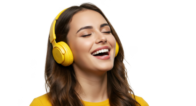 Woman in red shirt enjoying music with yellow headphones transparent background - Powered by Adobe
