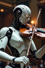 Futuristic humanoid robot playing violin with precision and grace. AI musician concept blending technology with classical music art in warm atmospheric lighting.