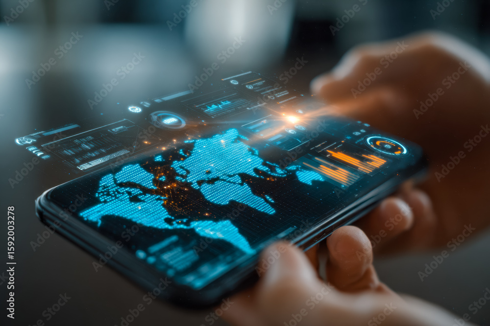 Poster futuristic digital world map and data interface on a smartphone screen