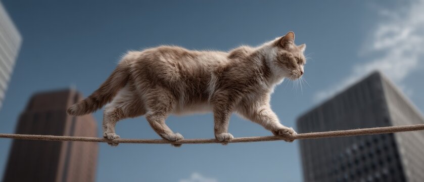 Confident cat balancing on tightrope in urban cityscape