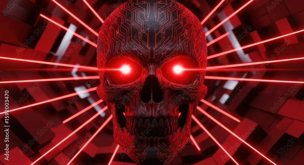 Poster red glowing cybernetic skull with circuit patterns and laser beams technology