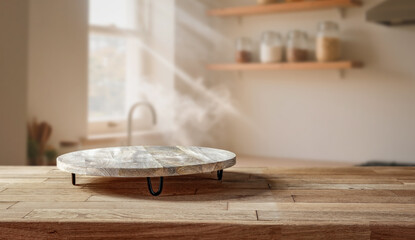 Bright kitchen interior with sunbeams lighting shelves and containers on the wall – wooden table...