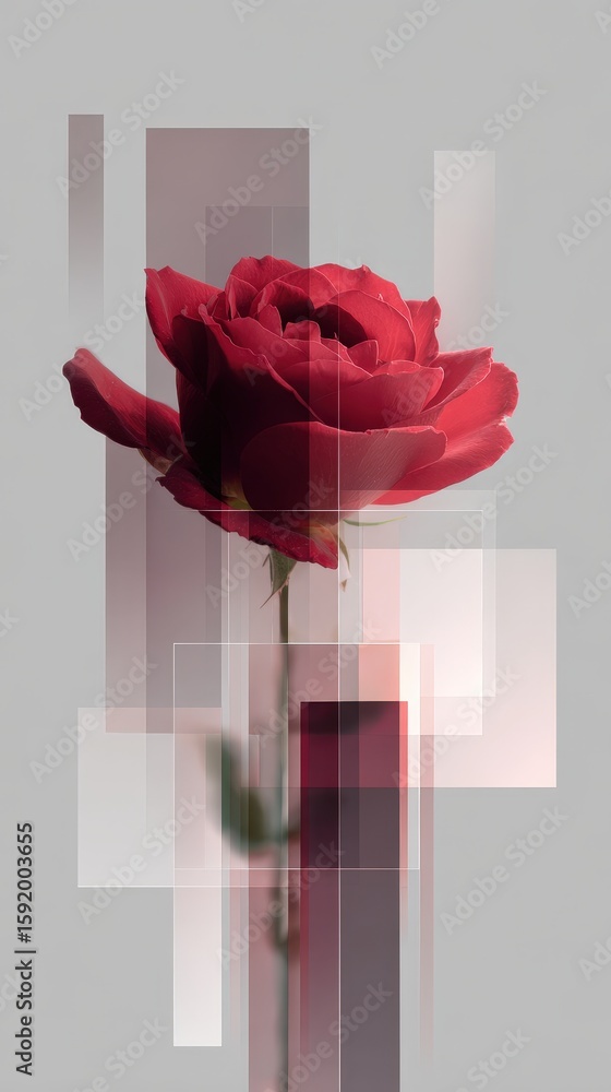 Poster a red rose with layered petals is digitally fragmented into translucent rectangular shapes, blending