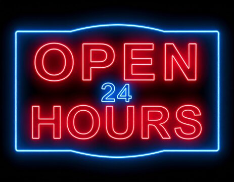 Neon sign text “Open 24 Hours” in glowing red and blue light, vintage retro style signage, dark transparent background