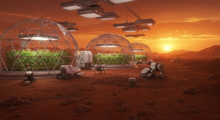 Futuristic Mars Colony with Geodesic Domes Solar Panels and Robotic Equipment at Sunset