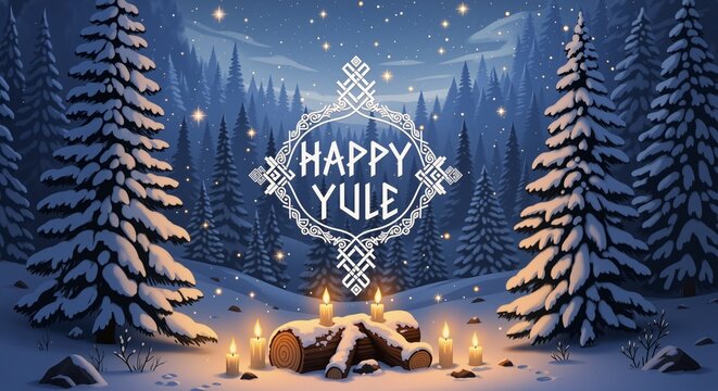 Happy Yule celebration with burning Yule log and candles in snow winter forest. Nordic pagan holiday for greeting card, banner. Christmas theme with copy space.