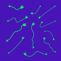 Collection of Hand Drawn Curved Arrows in Bright Green on Purple Background
