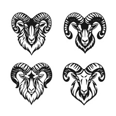 Ram head collection, mountain goat logo, wild animal emblem, horned beast design, goat tribal symbol