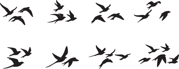 Dynamic Flying Birds Silhouettes - Vector Swift & Swallow Designs Set of Black Bird Silhouettes in Flight - Fast Motion Avian Graphics
