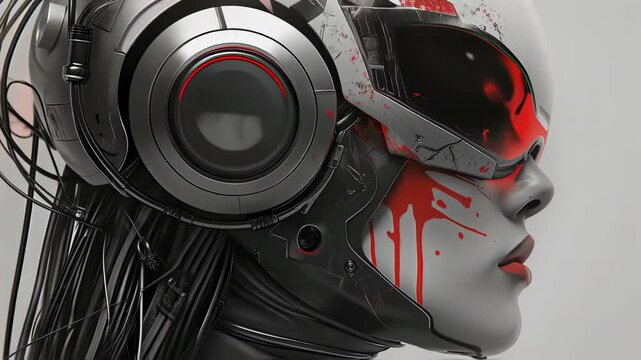 Female cyborg warrior with battle damage and red light reflection in visor showcasing futuristic combat footage.