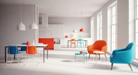 Brighten your space with this modern interior featuring colorful chairs, tables, and kitchen elements, creating a vibrant and inviting atmosphere for contemporary living.