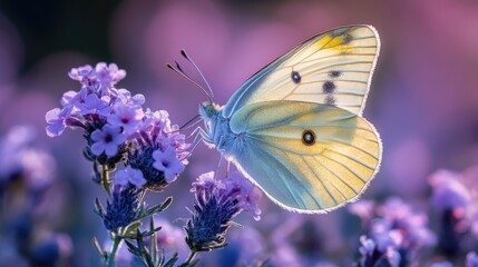 Naklejka premium Cabbage White Butterfly on Lavender Flowers