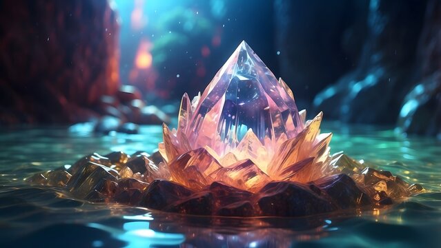 A glowing magical crystal rising from a pool of radiant water, fantasy and mythology desktop wallpaper backdrop, cinematic HDR vibrant theme colors, promo movie sales poster banner book cover
