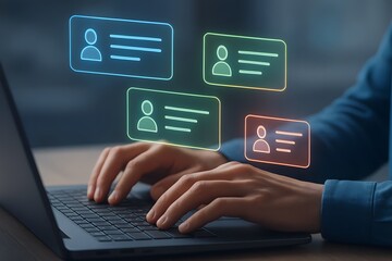Businessman messaging team with using laptop computer. Collaboration platform. Employee communication and knowledge sharing on discussion forums in internal social network. 