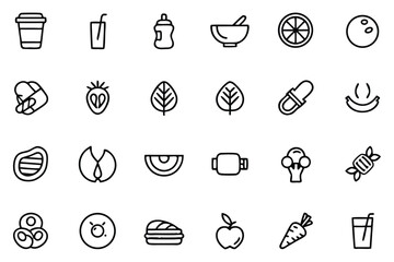 Healthy Lifestyle Icon Set Featuring Food, Drinks, and Exercise Equipment for Wellness and Balanced Living