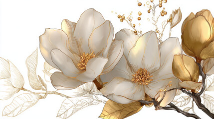 Elegant White and Gold Magnolia Blossoms Artistic Illustration