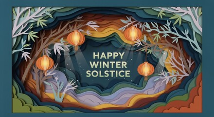 Happy Winter Solstice text written in illuminated paper art forest landscape with traditional hanging lanterns. Design for greeting card.