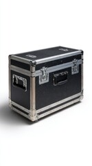 Fototapeta premium Stunning photo of flightcase made of black filmed plywood, and metalic joinery, shot as a packshot on a white background.