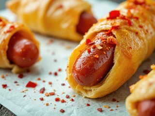 Gourmet Hot Dogs with Spicy Puff Pastry Topping