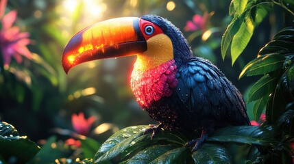 Obraz premium Colorful Toucan Bird Perched in Lush Rainforest