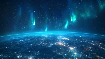 Obraz premium Earth From Space with Aurora Borealis Displaying City Lights at Night