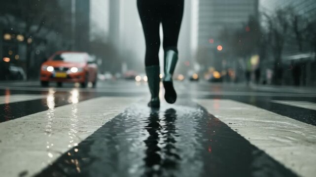 Cinematic low angle view of a woman in rain boots walking on a wet city crosswalk on a rainy day, with traffic lights in the background.