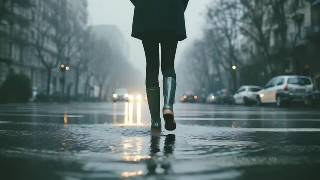 Cinematic low angle view of a woman in rain boots walking on a wet city crosswalk on a rainy day, with traffic lights in the background.