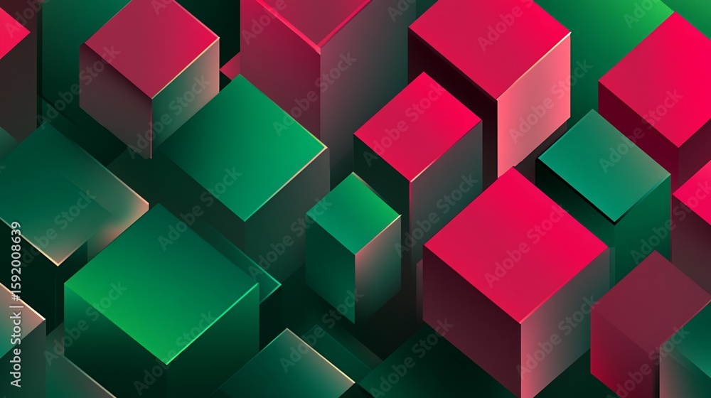 Poster abstract arrangement of red and green gradient cubes in isometric view