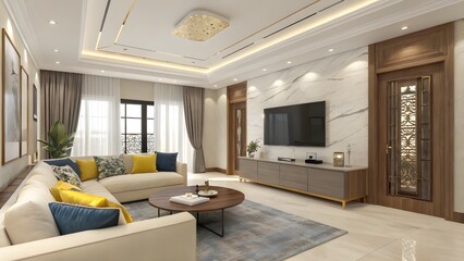 Fototapeta premium Luxurious Modern Living Room with Elegant Interior Design and Stylish Furniture