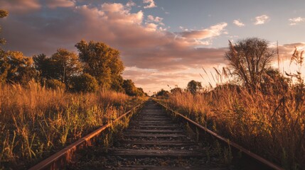 Fototapeta premium Stunning photo of rustic railway tracks stretching into the distance, surrounded by wild grass and trees under a golden sunset sky. Photography.
