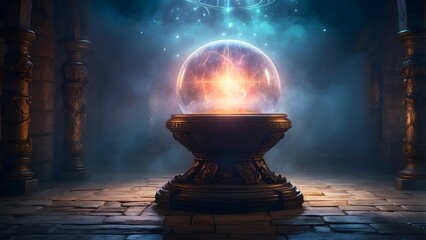 A glowing magical orb floating above an ancient altar surrounded by fog, fantasy and mythology desktop wallpaper backdrop, cinematic HDR vibrant theme colors, promo movie sales poster banner
