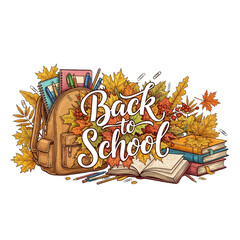 Back to school lettering with brown backpack full of school supplies and autumn leaves on transparent background.