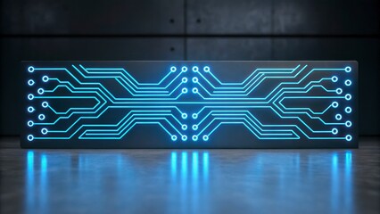 Futuristic Blue Circuit Board Design with Glowing Lines and Patterns on a Dark Background