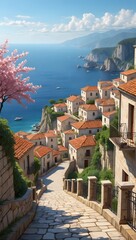 Picturesque Coastal Village with Cherry Blossom - Mediterranean Charm