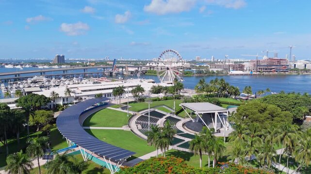 Aerial establisher FPL Solar Amphitheater at Bayfront Park with observation wheel