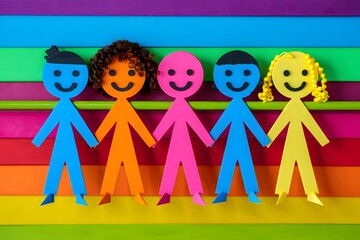 Paper Cutout Figures Representing Diversity and Inclusion, Standing in a Row on Colorful Background