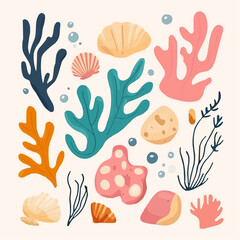 Bold and simple underwater plant elements including coral and shells, perfect for printable tags, greeting card accents and children’s summer designs