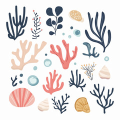 Colorful coral and seaweed clipart set for printable summer crafts, creative DIY projects, tags, scrapbooking and marine-themed children’s activities