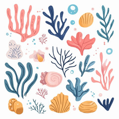 Soft and whimsical coral and seaweed clipart in clean layout, ideal for nursery wall art, baby room decor and ocean-themed seasonal illustrations