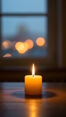 Burning Candle on Wooden Surface with Bokeh Lights