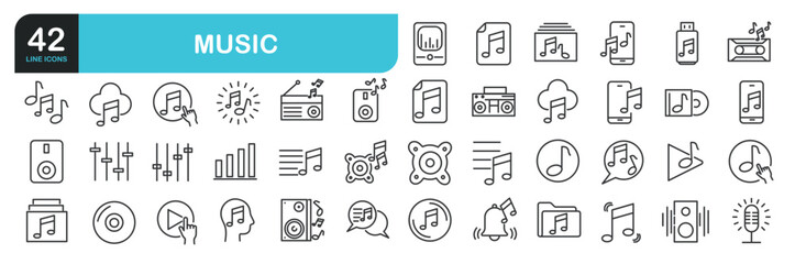 Set of line icons related to audio, speaker, sound. Outline icons collection. Editable stroke. Vector illustration