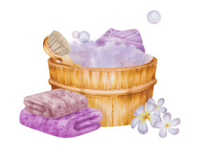 Watercolor illustration. Spa salon, bathhouse Bath with brush and towel. The towel is purple. There is a white towel in the bath. White background for cards, banners, invitations